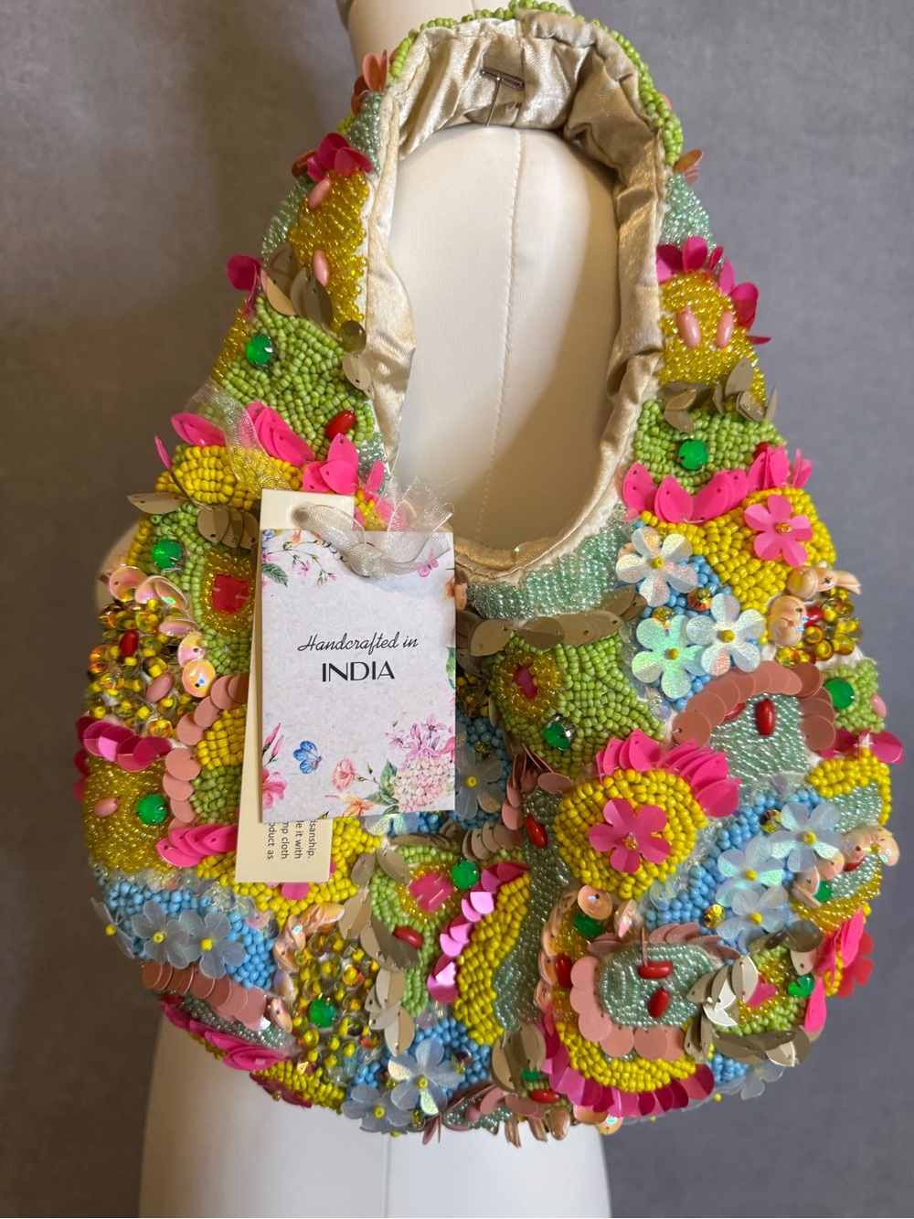NWT Handmade in India Beaded Floral Sequin Shoulder Bag Boho Statement Purse